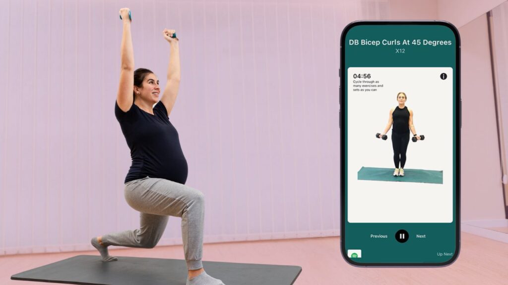 Pregnant woman doing a lunge with dumbbells while following a workout on the Expecting and Empowered pregnancy fitness app.