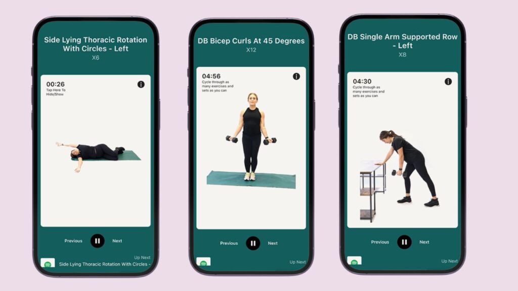 Three smartphones display prenatal workout exercises from the Expecting and Empowered app, including thoracic rotations, bicep curls, and single arm rows.