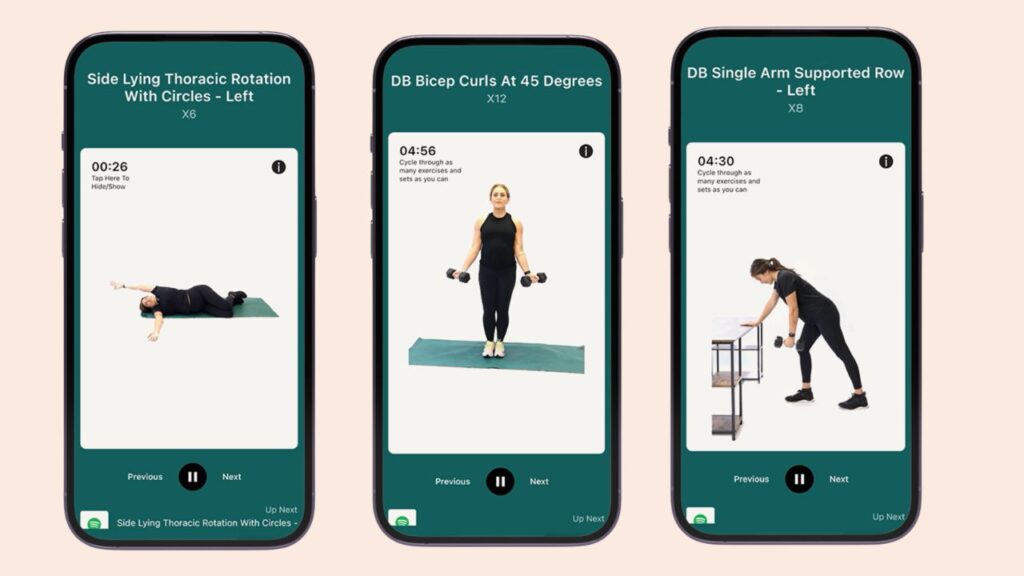 Three smartphones display prenatal workout exercises from the Expecting and Empowered app, including thoracic rotations, bicep curls, and single arm rows.